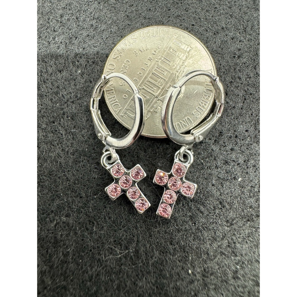 Pink Rhinestone Cross Dangle Huggie Hoop Earrings Silver Tone New